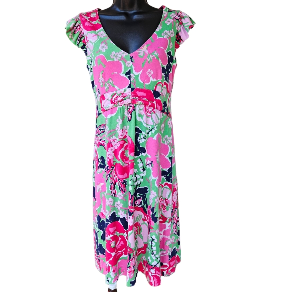 Lilly Pulitzer Cherry Pink Floral Silk Blend Cap Sleeve V-neck Dress